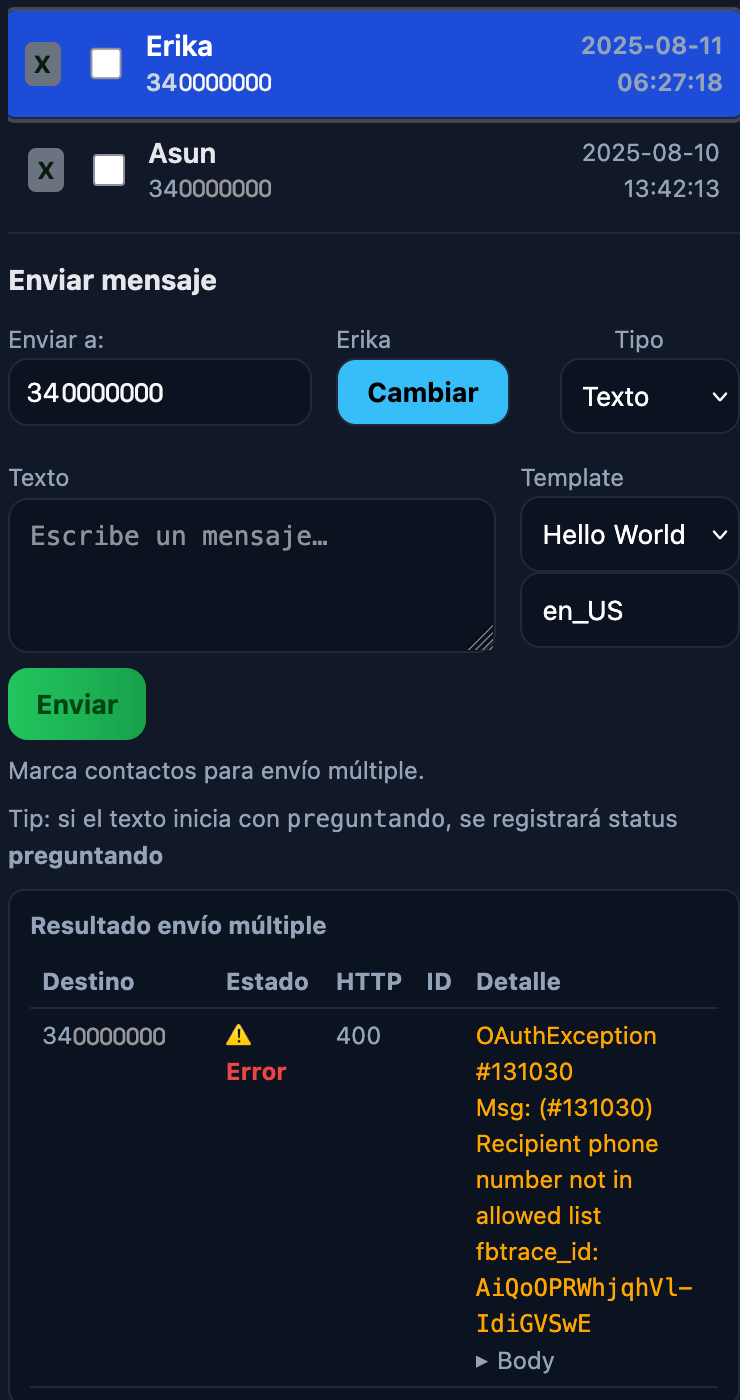 Resultado de un envío con error