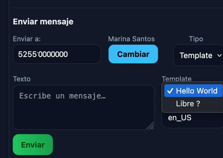 Opciones de envío: Texto o Template
