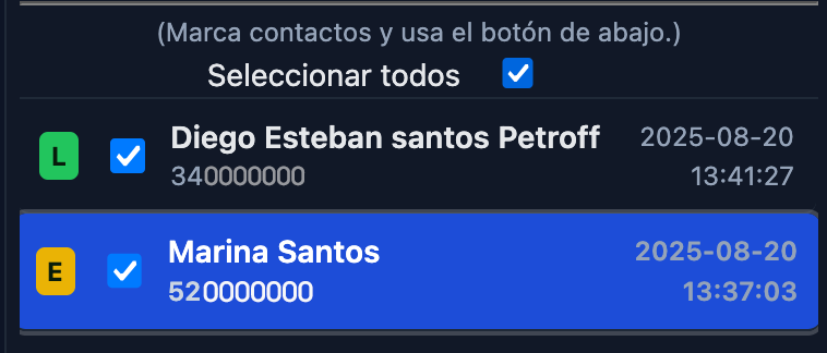 Ejemplo de contactos seleccionados